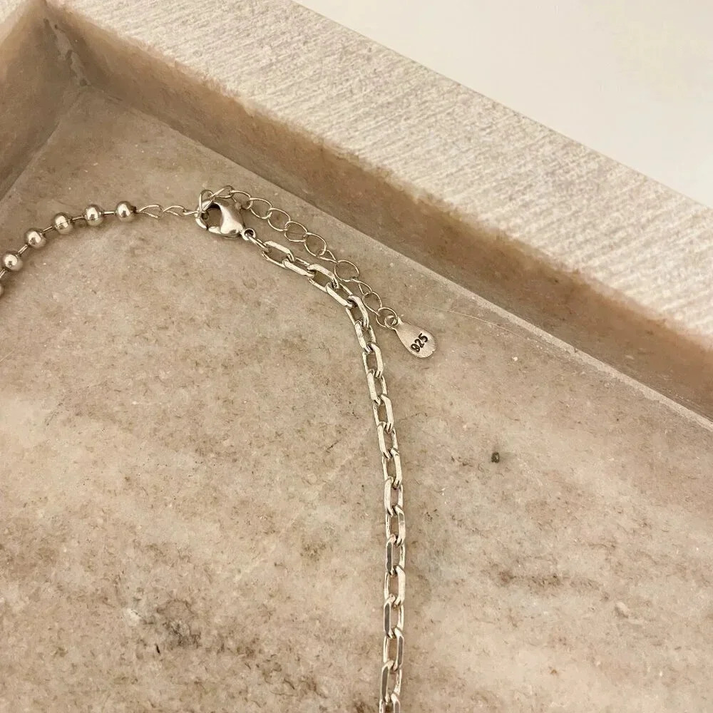 925 Sterling Silver Chain Link Ball Necklace Modern Asymmetric Bead Necklace - Picture 7 of 7